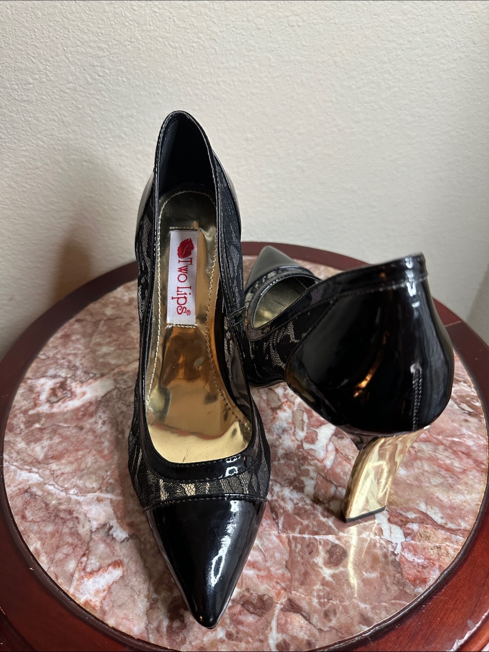 Luichiny Black Lace-Overlay Pointed Toe Heels with Gold Stiletto